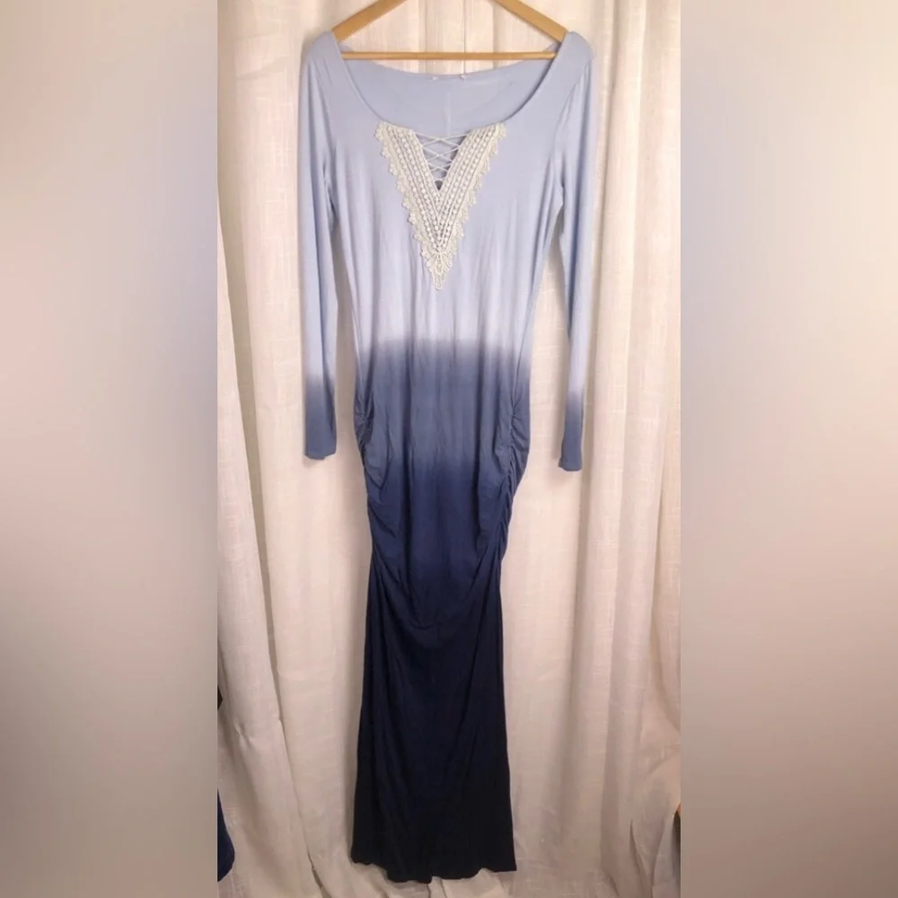 VENUS Gradient Blue Lace-Up Ombre Long Sleeve Dress NWOT M